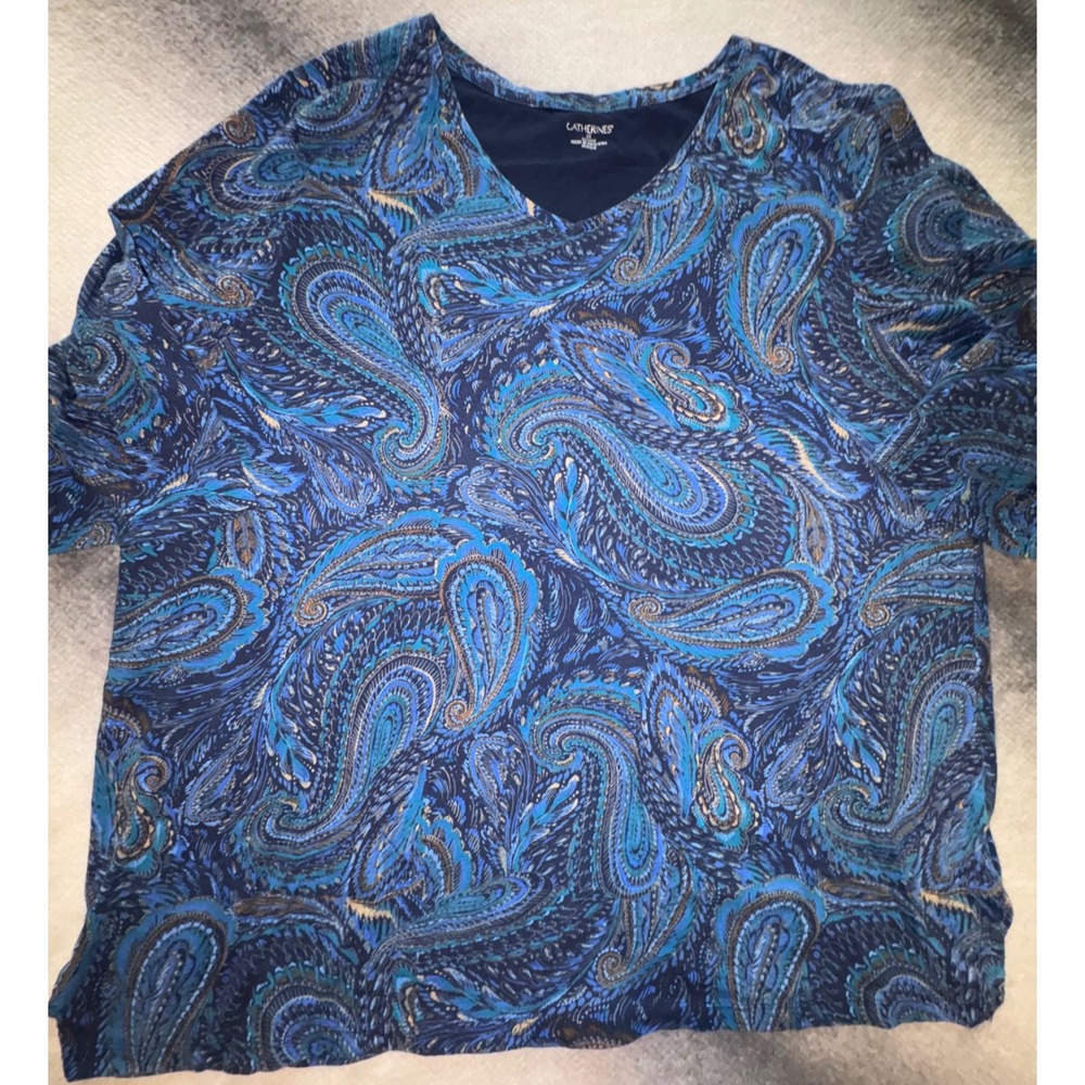 (CL) Catherines Blue Paisley V-Neck Cotton Knit Top Plus 2X 22/24W Half Sleeve